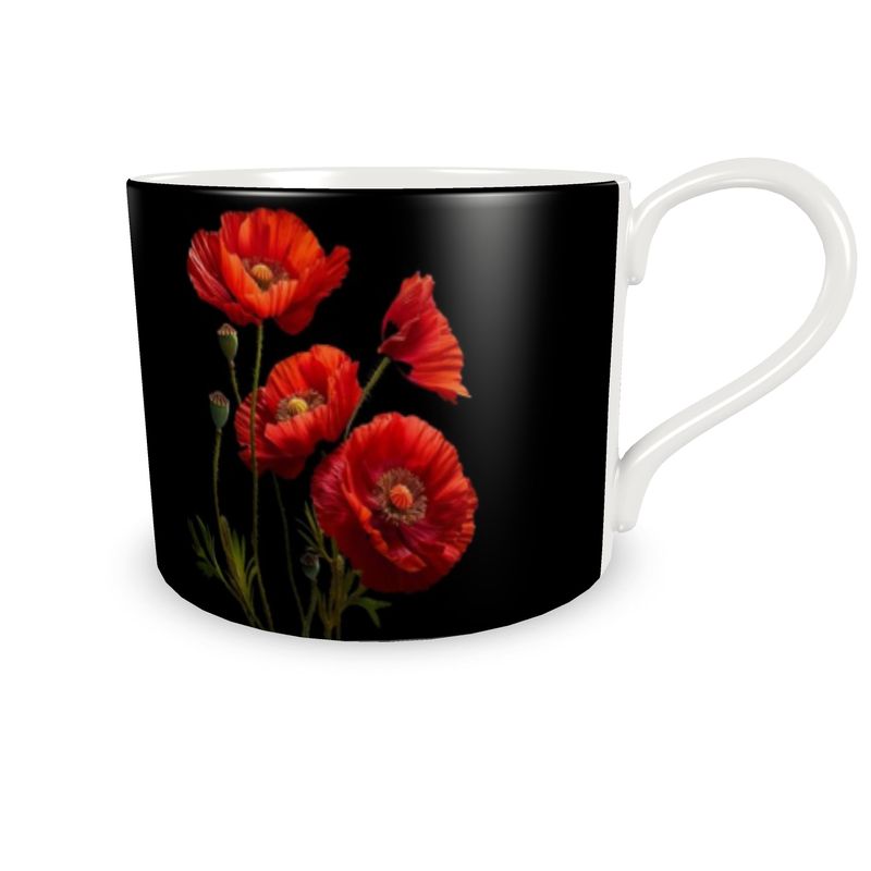 Four Poppies on Black Bone China